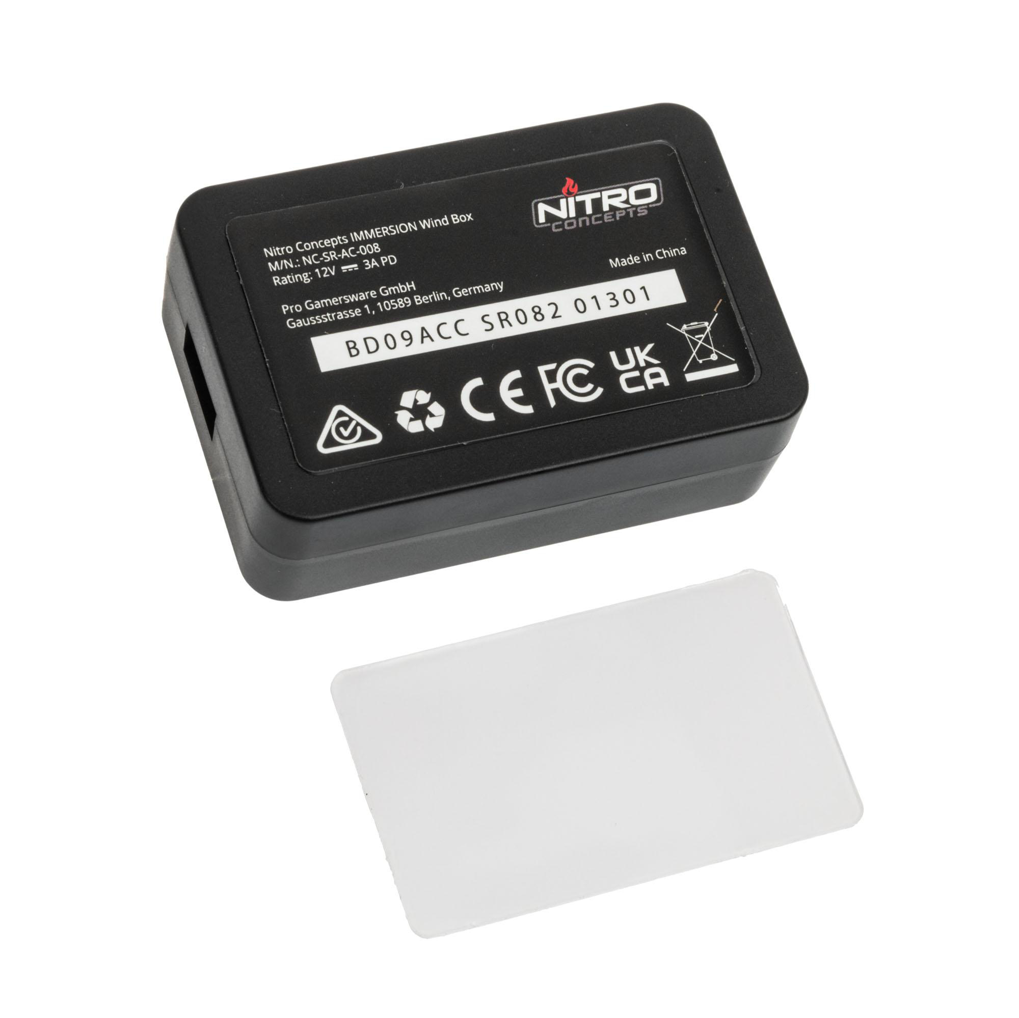 Schwarze Nitro Concepts Box mit weißer Karte. Text: IMMERSION Wind Box, CE, FC, UK, CA.
