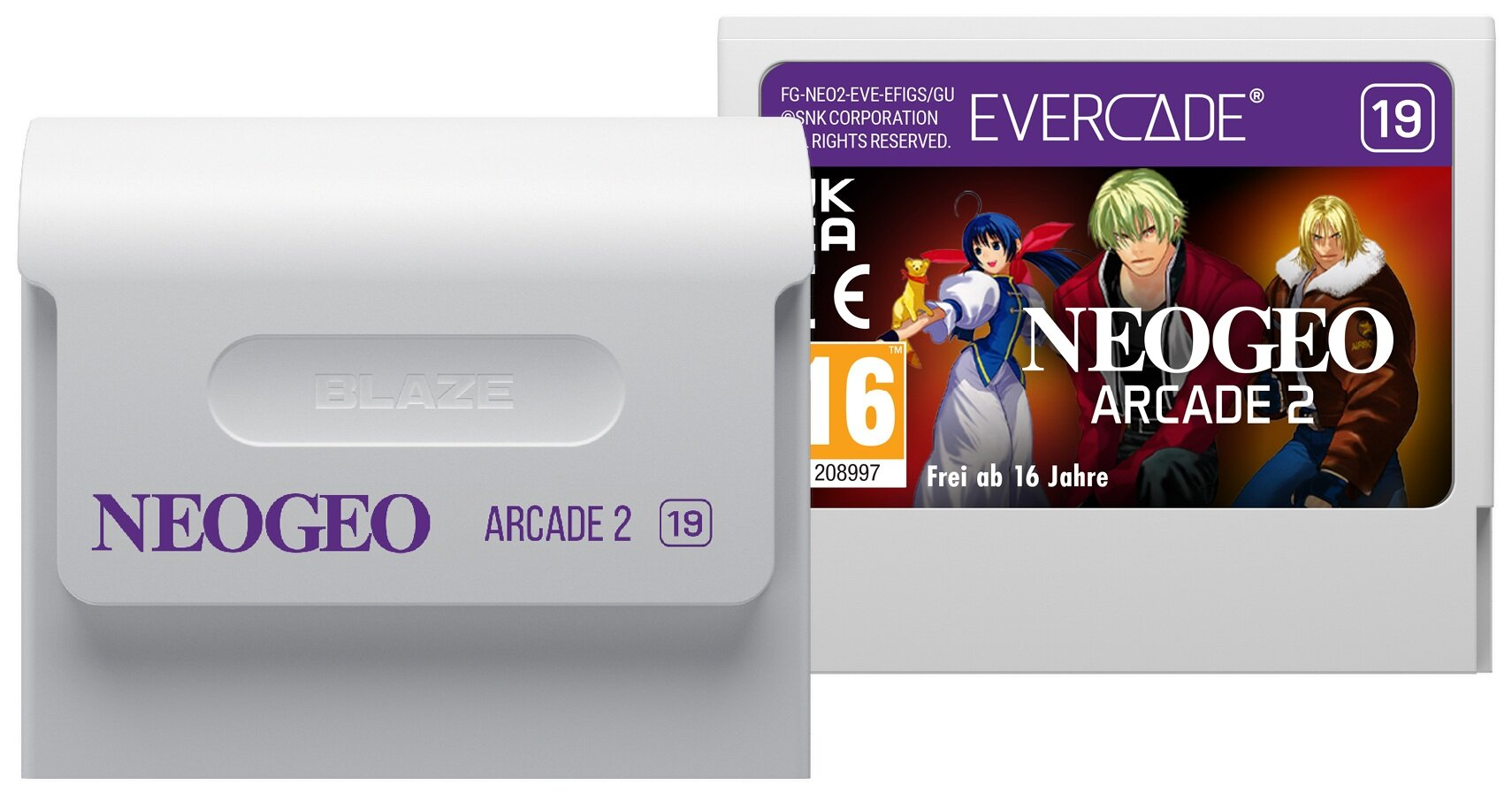 Obraz przedstawia kartridż do gry z napisem NEOGEO ARCADE 2 i kartridż Evercade. Postacie są widoczne na etykiecie gry.