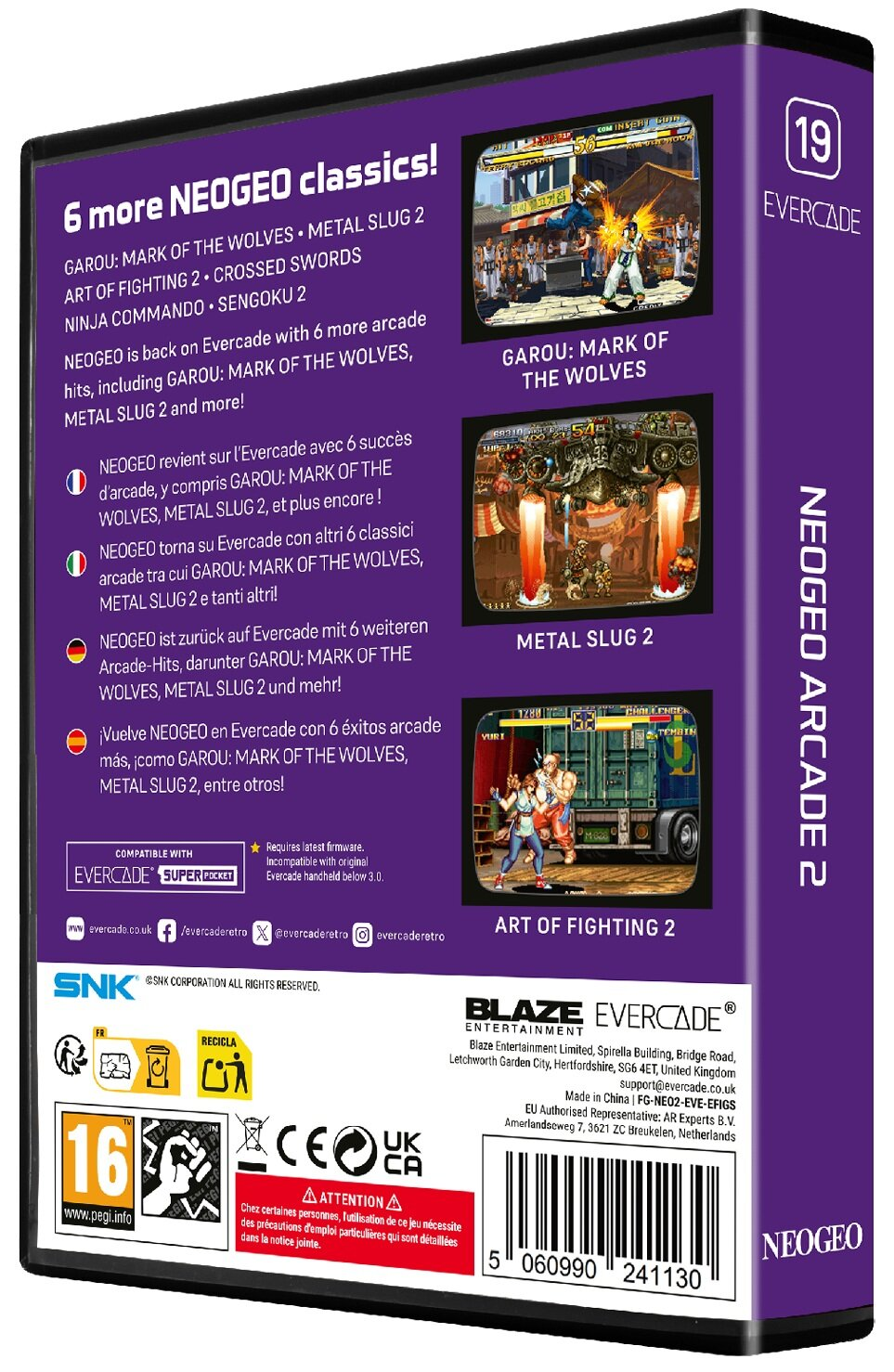 Opakowanie Evercade Neo Geo Arcade 2. Zawiera zrzuty ekranu, logo i tytuły gier, jak Metal Slug 2.