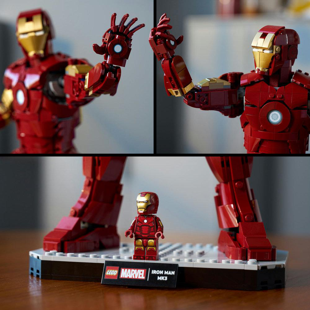 Lego Iron Man MK3 Set. Enthält eine große Figur, eine kleine Figur und zwei abnehmbare Hände. Rote und goldene Rüstung auf einer Displaybasis.