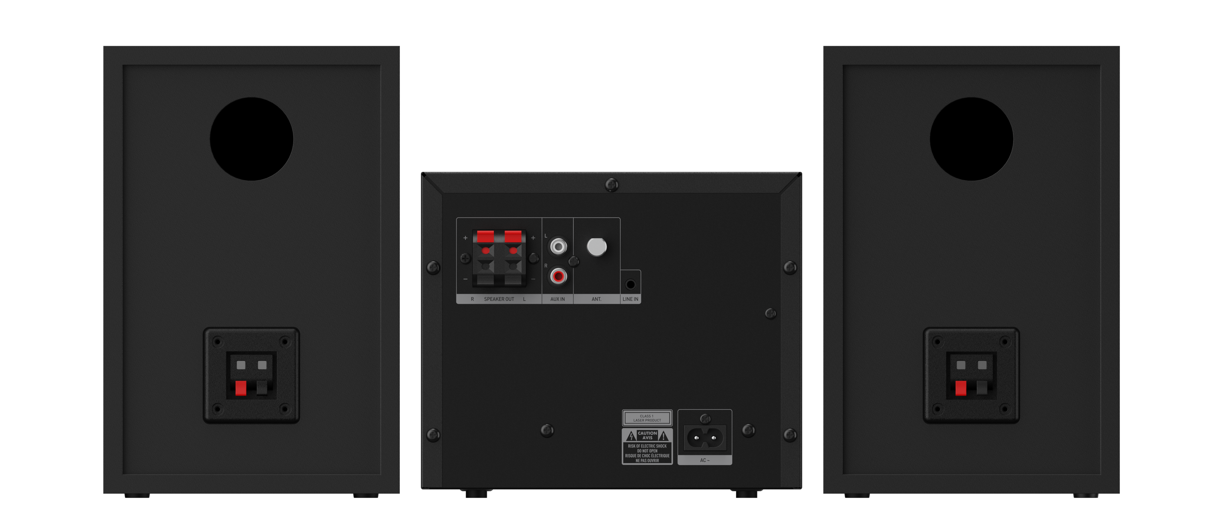 Panel tylny systemu stereo. Posiada wyjścia głośnikowe, wejścia aux i wejście zasilania AC. Dwa głośniki flankują jednostkę główną.
