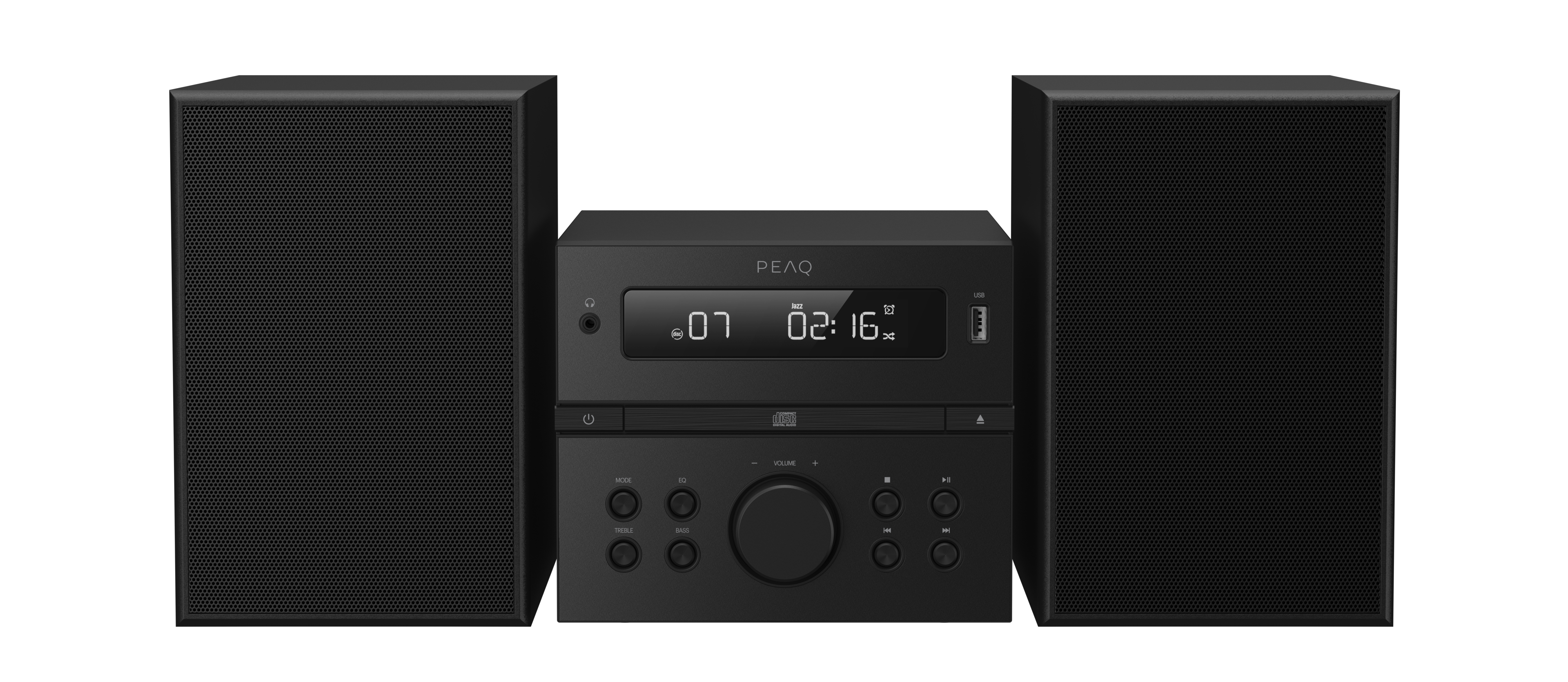 Czarny system stereo z dwoma głośnikami po bokach, jednostką centralną i czarnym tłem.