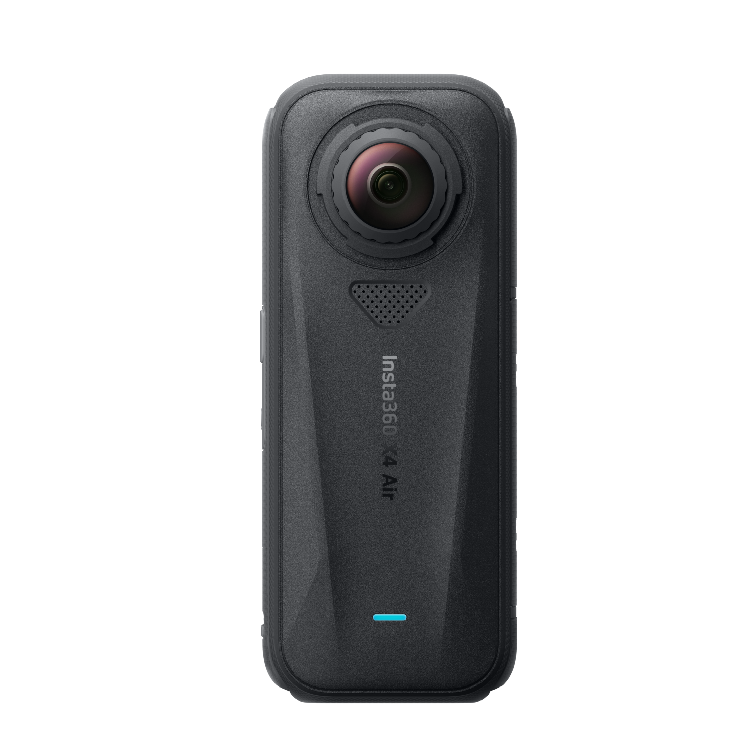 Eine schwarze Insta360 X4 Air Kamera. Sie hat ein abgerundetes Design mit einem Objektiv oben. Das Logo und ein blaues Licht sind sichtbar.