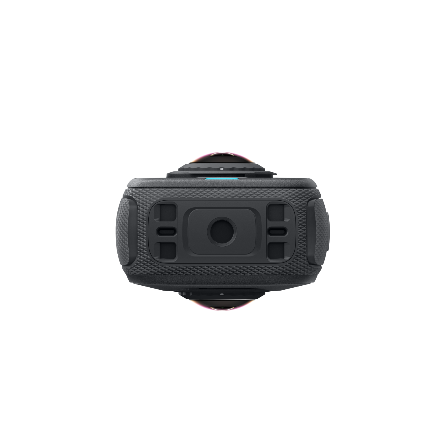 Eine schwarze 360-Grad-Kamera auf weißem Hintergrund. Es hat mehrere Objektive und Knöpfe. Die Kamera ist zentriert.