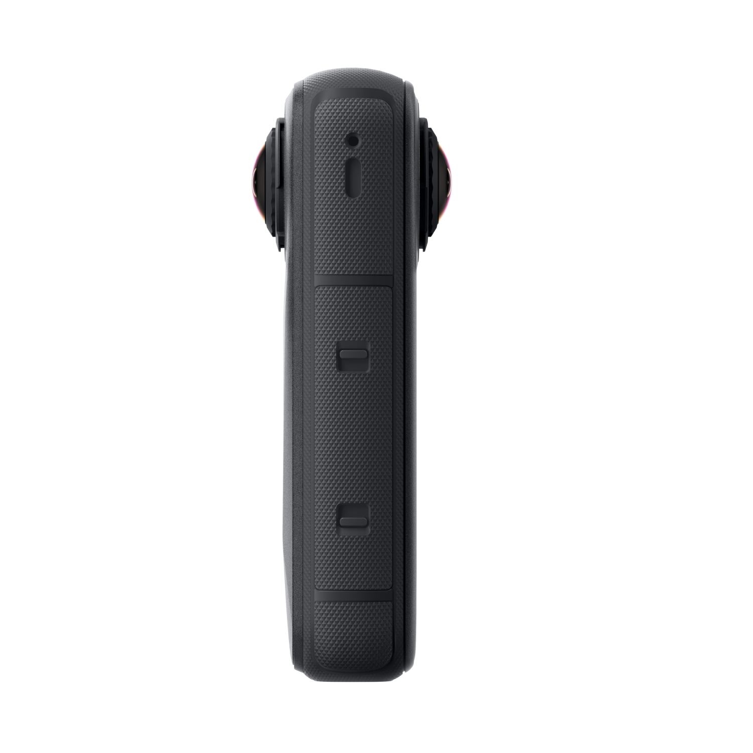 Eine schwarze 360-Grad-Kamera mit runder Form und zwei Linsen, mit strukturierter Oberfläche, vor schwarzem Hintergrund.