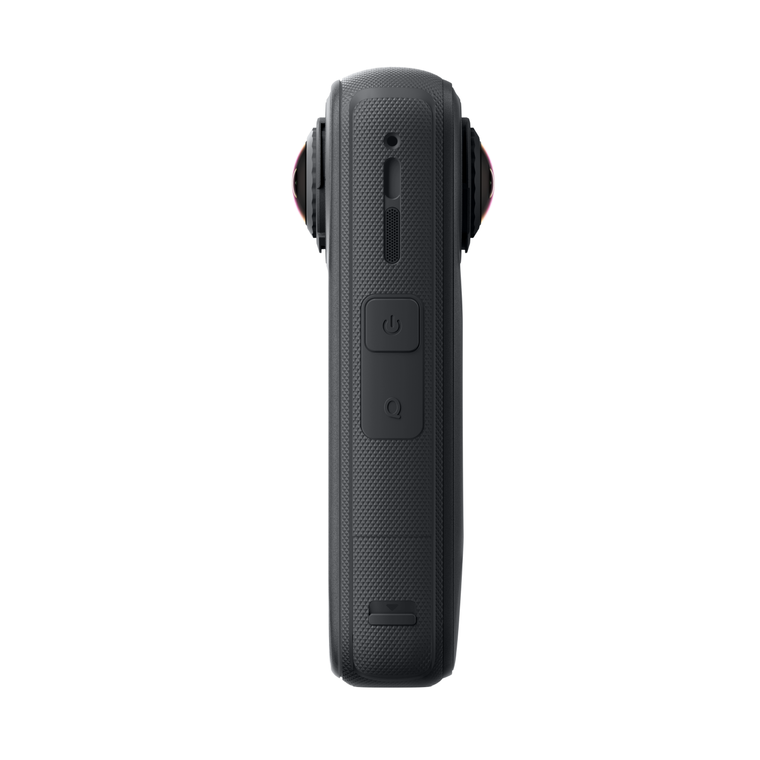 Eine schwarze 360-Grad-Kamera mit zylindrischer Form. Sie hat zwei Objektive, Power- und Schnellzugriffstasten und einen strukturierten Körper.