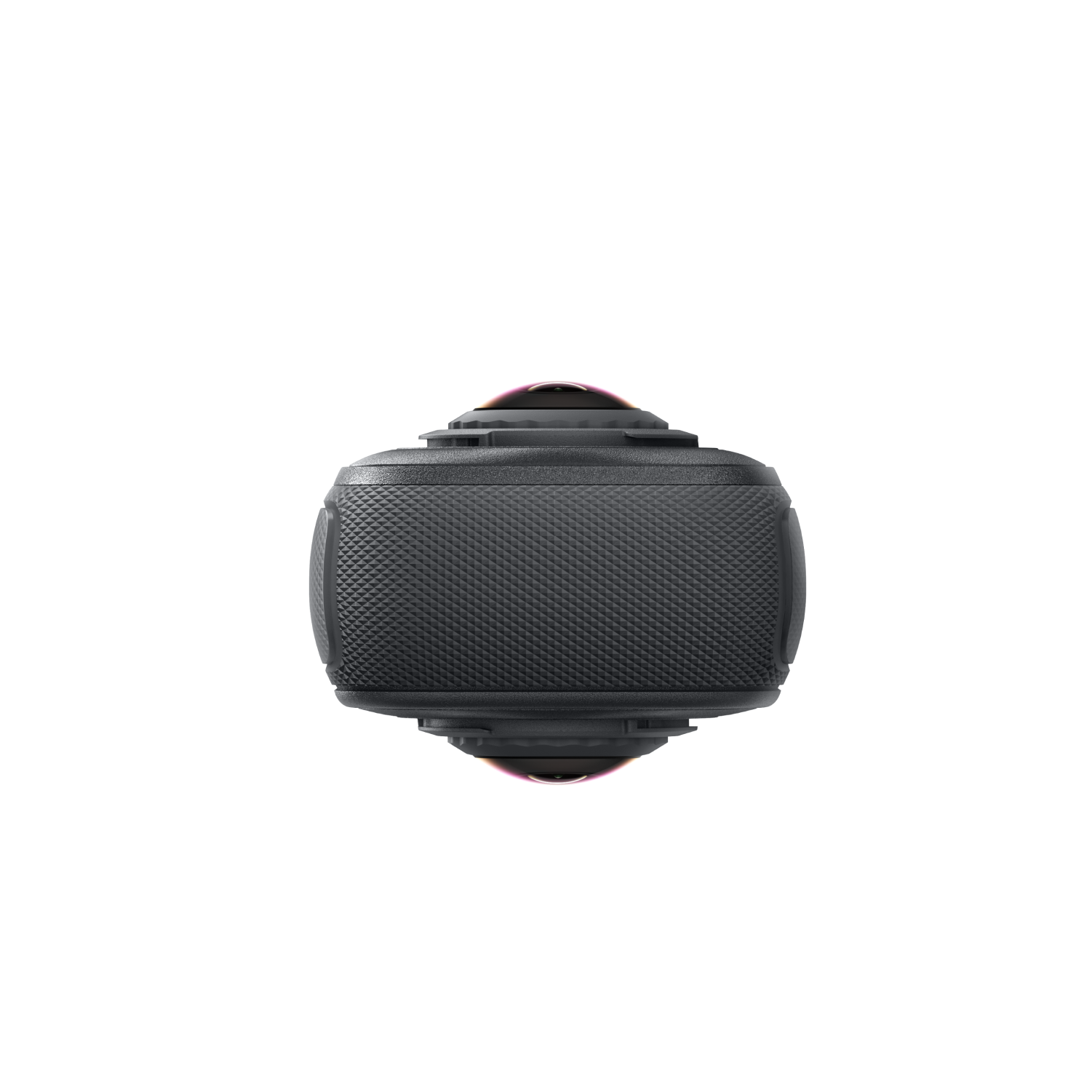 Eine schwarze 360-Grad-Kamera mit strukturierter Oberfläche. Sie hat zwei Objektive, eins oben und eins unten. Der Hintergrund ist weiß.