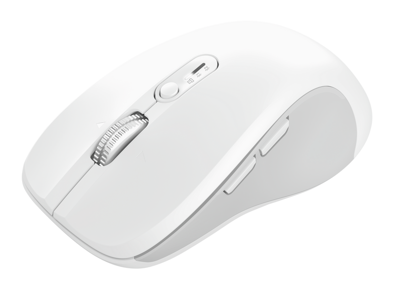 Biała bezprzewodowa mysz komputerowa. Ma kółko przewijania, przyciski i przycisk DPI. Tło jest czarne.
