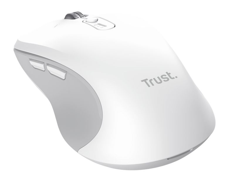 Biała mysz komputerowa z szarymi akcentami, wyposażona w przyciski, kółko przewijania i logo 'Trust'. Izolowana na czarnym tle.