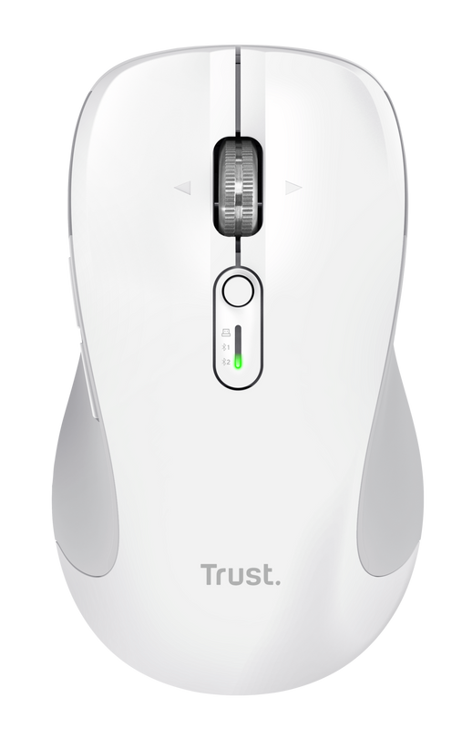 Biała mysz komputerowa z kółkiem przewijania, przyciskami i zieloną kontrolką. Marka to Trust.