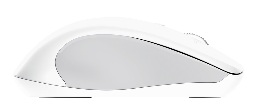 Biała mysz komputerowa na czarnym tle. Mysz ma jasno szary środek oraz białą górę i dół.