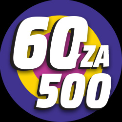Okrągła odznaka z napisem '60' nad 'ZA' i '500'. Fioletowe, żółte i różowe okręgi.