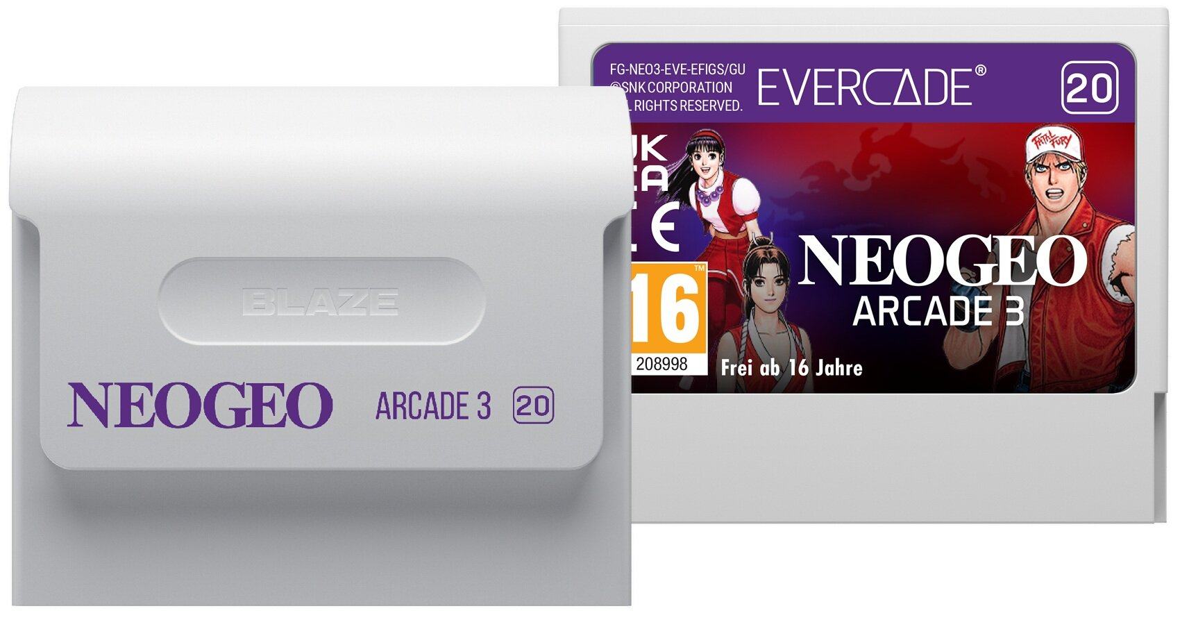 Karta do gry dla Evercade. Zawiera Neo Geo Arcade 3 z ilustracjami postaci, oceną wiekową 16 i numerem 20.