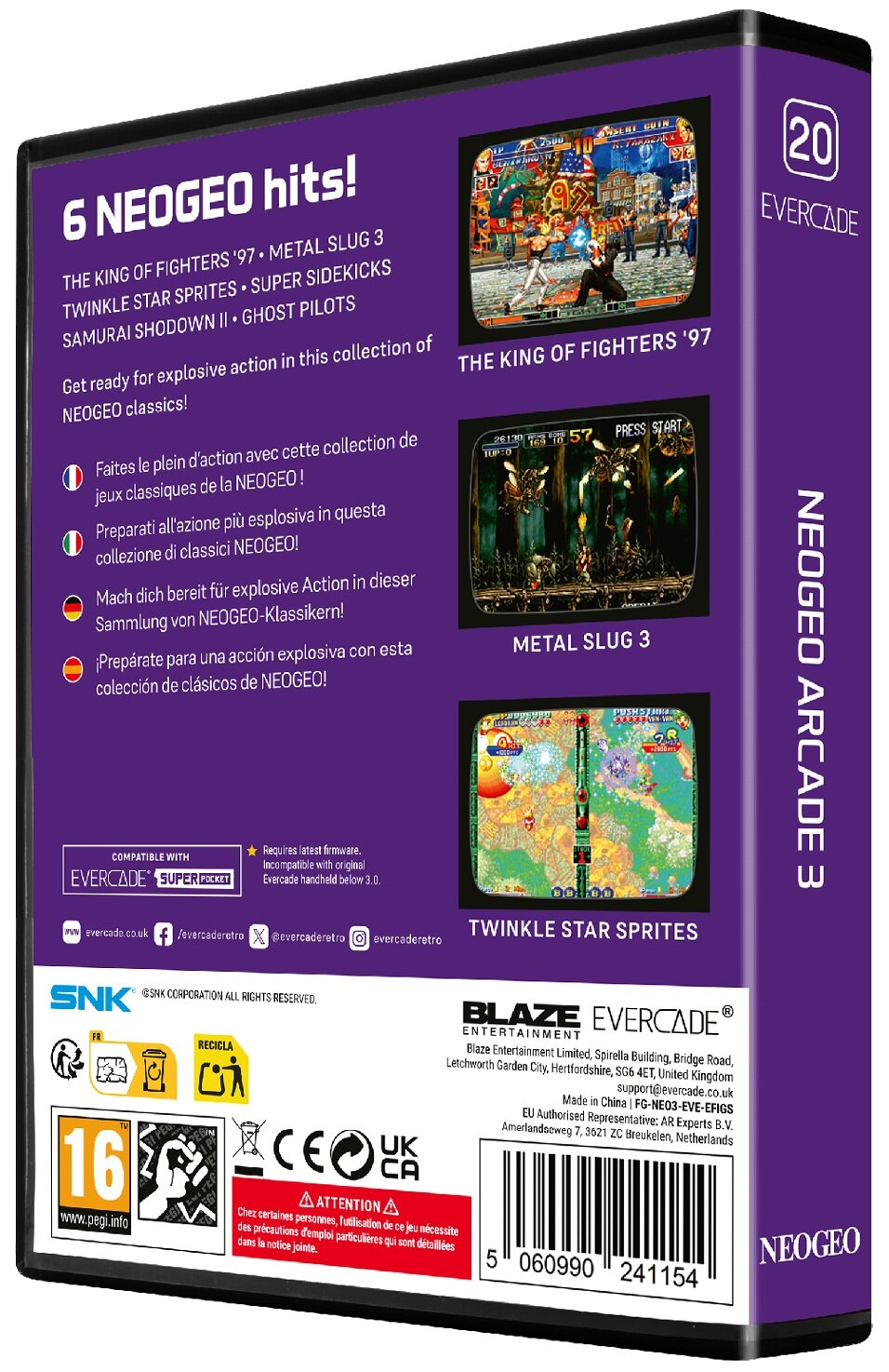 Grafika pudełka dla Evercade Neo Geo Arcade 3. Pokazuje zrzuty ekranu z gier, w tym The King of Fighters '97 i Metal Slug 3.