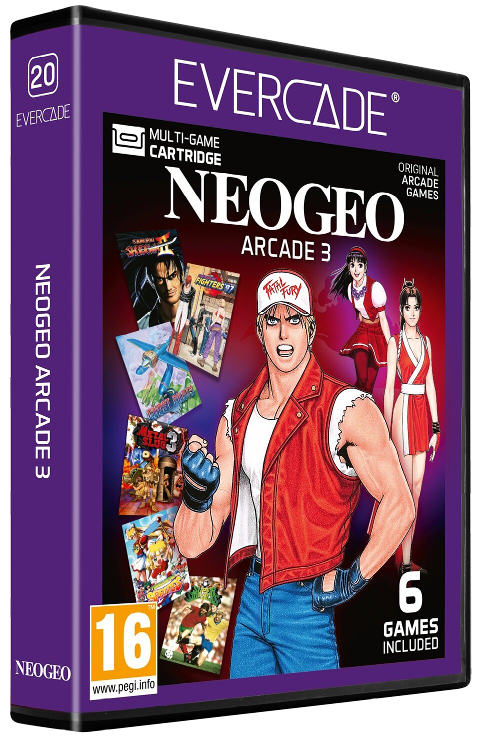 Karta Evercade Neo Geo Arcade 3. Grafika na pudełku przedstawia postacie z gier i logo, z mężczyzną w czerwonej kurtce z przodu.