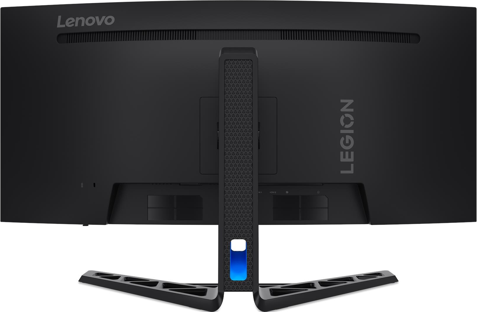 Dos du moniteur Lenovo Legion noir. Support, ports et logo visibles. Lumière bleue à la base du support.