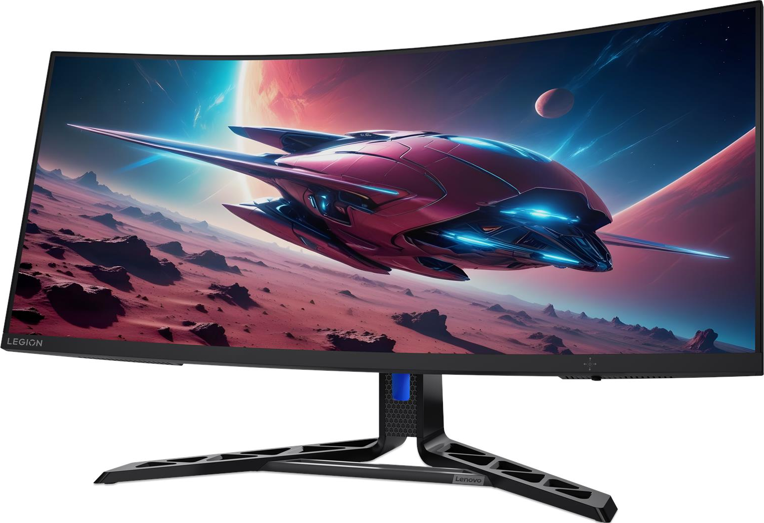Écran incurvé affichant un vaisseau spatial au-dessus d'un paysage de planète rouge. Moniteur Lenovo Legion avec pied noir.