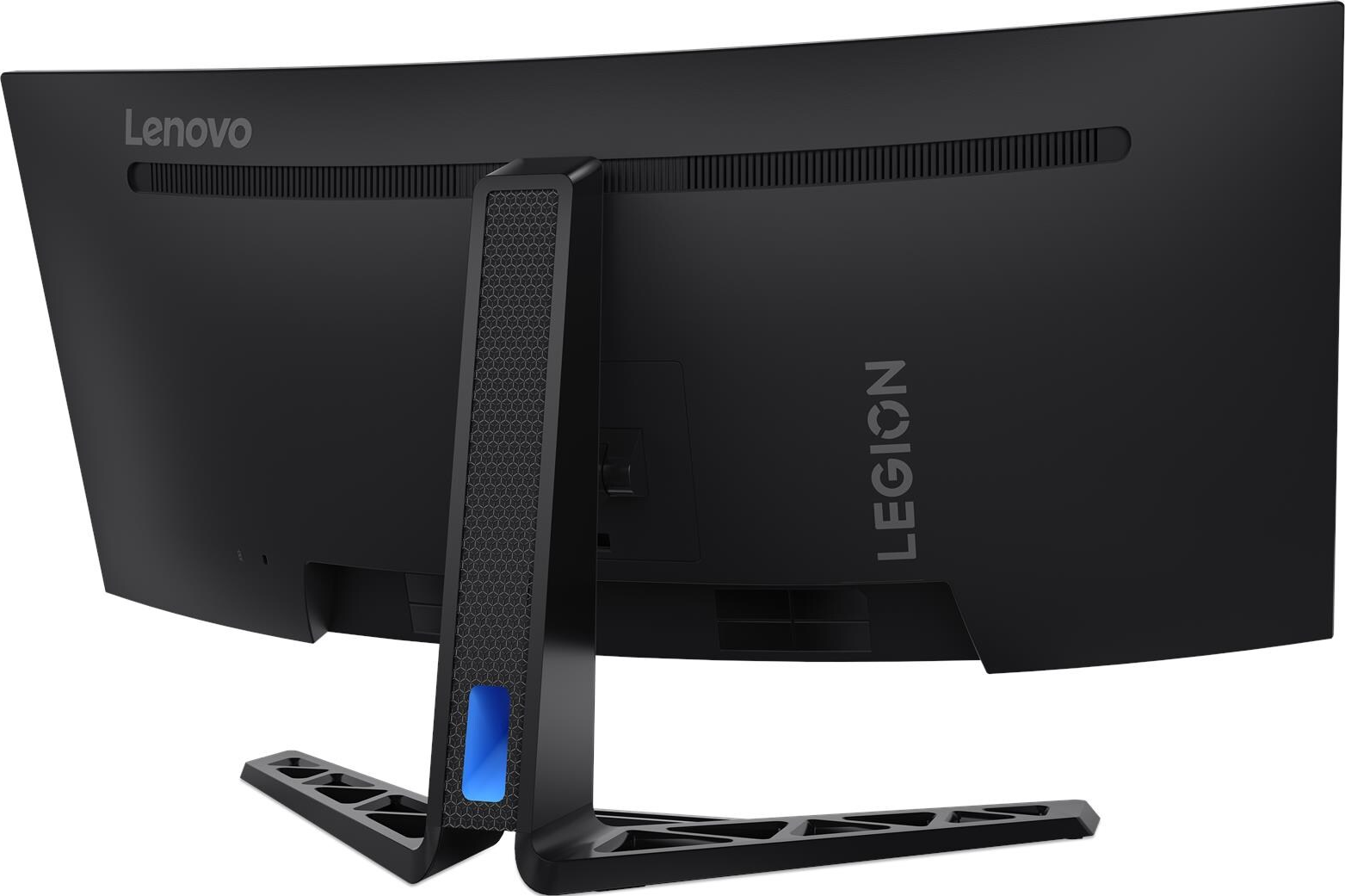 Moniteur Lenovo Legion noir. Écran incurvé avec support. Vue arrière montre le logo Legion et les détails du support.