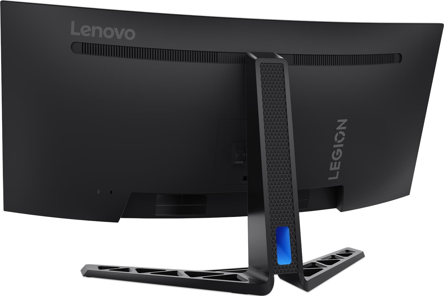 L'arrière d'un moniteur incurvé Lenovo Legion noir. Il possède un support à motif en nid d'abeille avec une lumière bleue. Le logo Legion est visible.