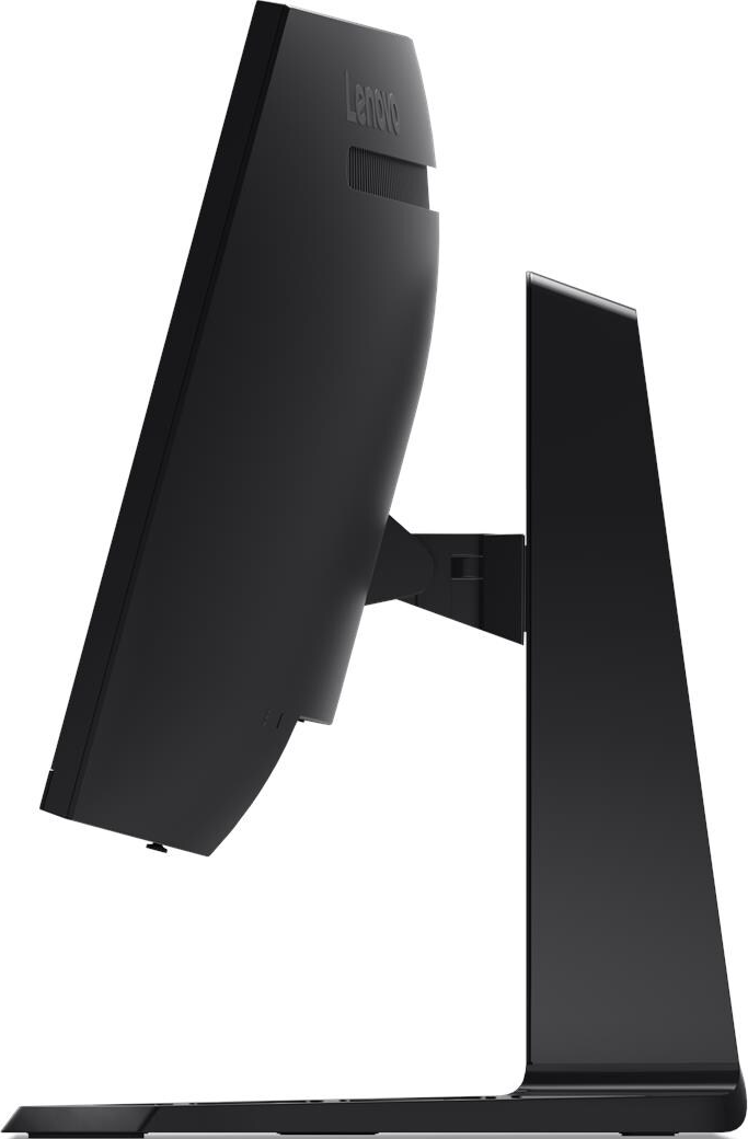 Vue latérale d'un écran d'ordinateur Lenovo noir, légèrement incliné vers le haut. Le support est également noir.