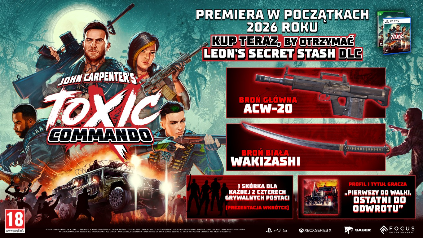 Plakat gry John Carpenter's Toxic Commando. Postacie z bronią, szczegóły gry. Premiera w 2026 roku.