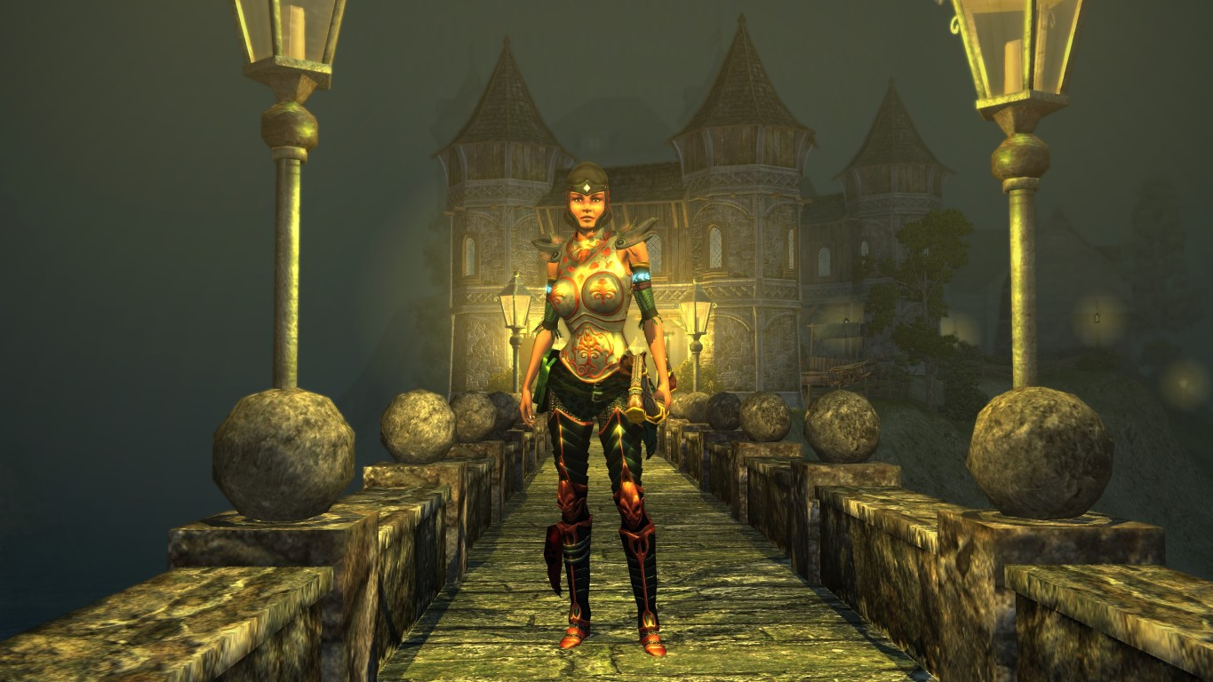Kobieta w zbroi stoi na moście z latarniami. W tle zamek. Scena jest lekko zamglona.
