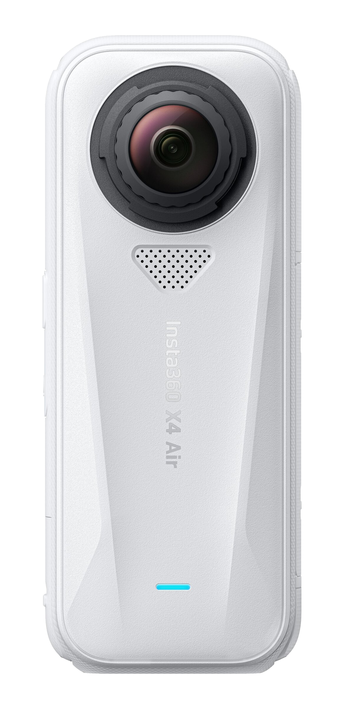 Eine weiße Insta360 X4 Air Kamera. Sie hat ein großes Objektiv, einen kleinen Lautsprechergrill und ein blaues Anzeigelicht.