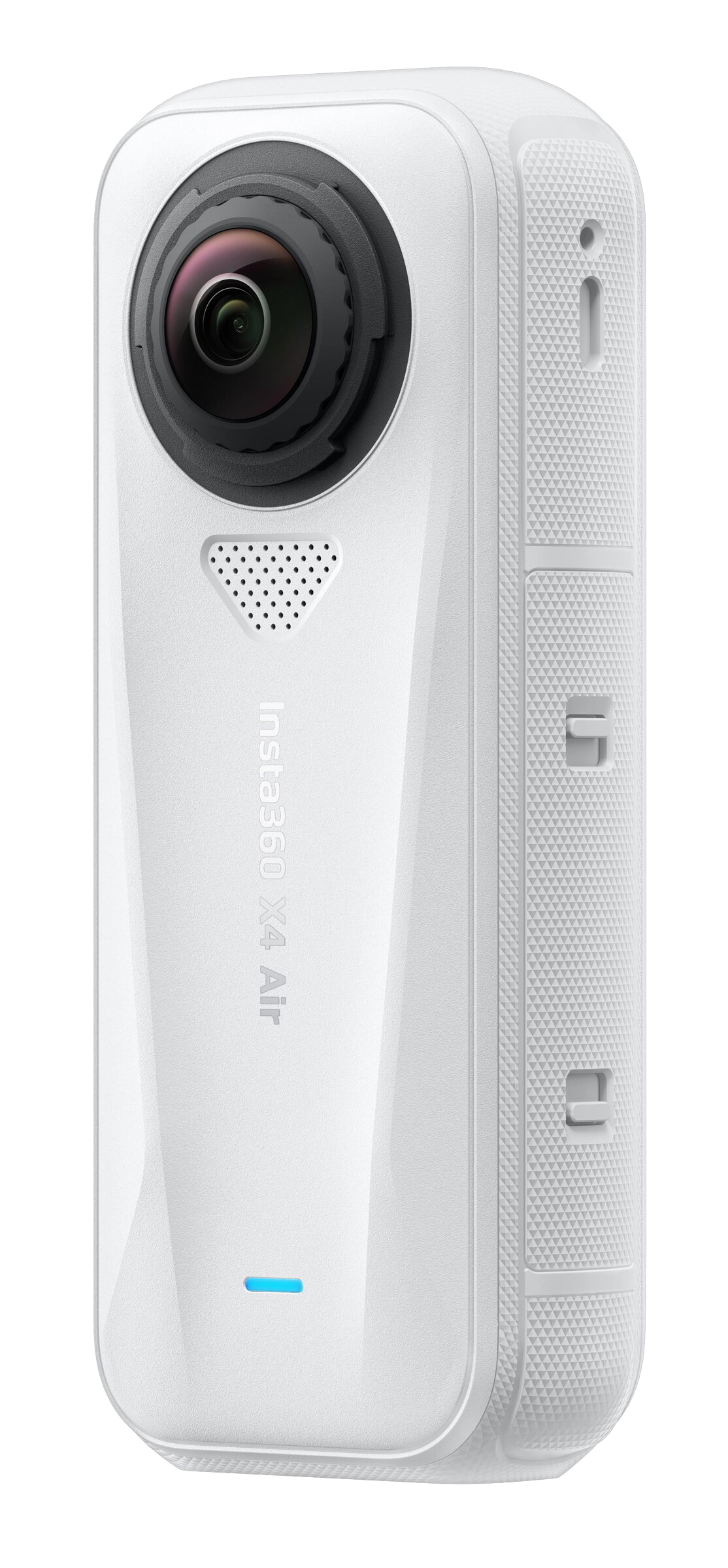 Eine weiße Insta360 X4 Air Kamera. Sie hat ein Objektiv, einen dreieckigen Lautsprecher und den Markennamen. Ein blaues Licht leuchtet.