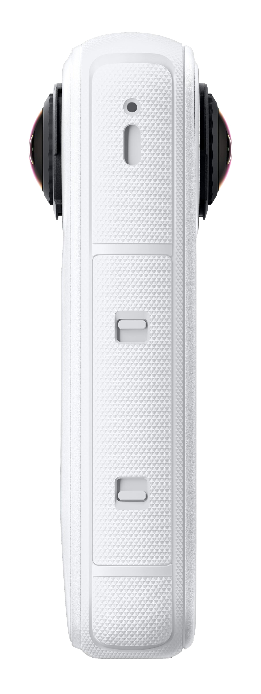 Eine weiße 360-Grad-Kamera. Sie hat auf jeder Seite zwei schwarze Objektive. Das Gehäuse ist weiß mit strukturierten Mustern und Knöpfen.