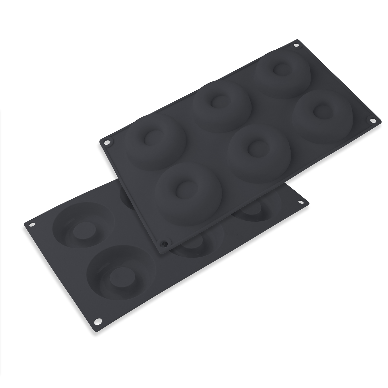 Dos moldes grises de silicona para rosquillas están apilados. Cada molde tiene cavidades en forma de rosquilla. El fondo es gris.