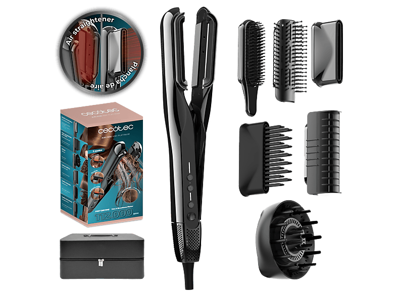 Plancha de pelo - Cecotec AirLisse 6in1 Platinum, Cerámica, 1000W, 112.000 rpm, Función plasma, Motor Brushless, 6 accesorios, Estuche premium, Negro