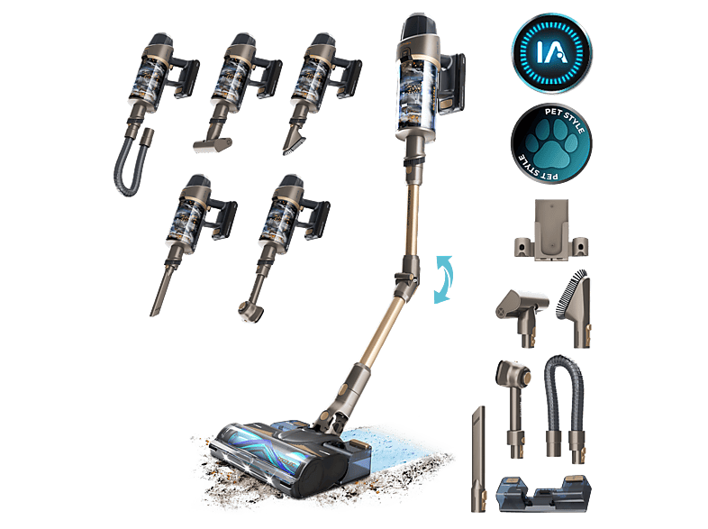 Aspirador escoba - Cecotec Conga Rockstar RX90 AI AquaPet Flex, 850W, 100min, IA, Tubo flexible, Kit de accesorios, Cepillo antienredos, Negro