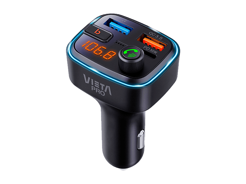 REACONDICIONADO Seminuevo Bueno Transmisor FM - Vieta Pro Attach 2, USB-A y USB-C, Bluetooth 5.3, Bass Boost, Negro