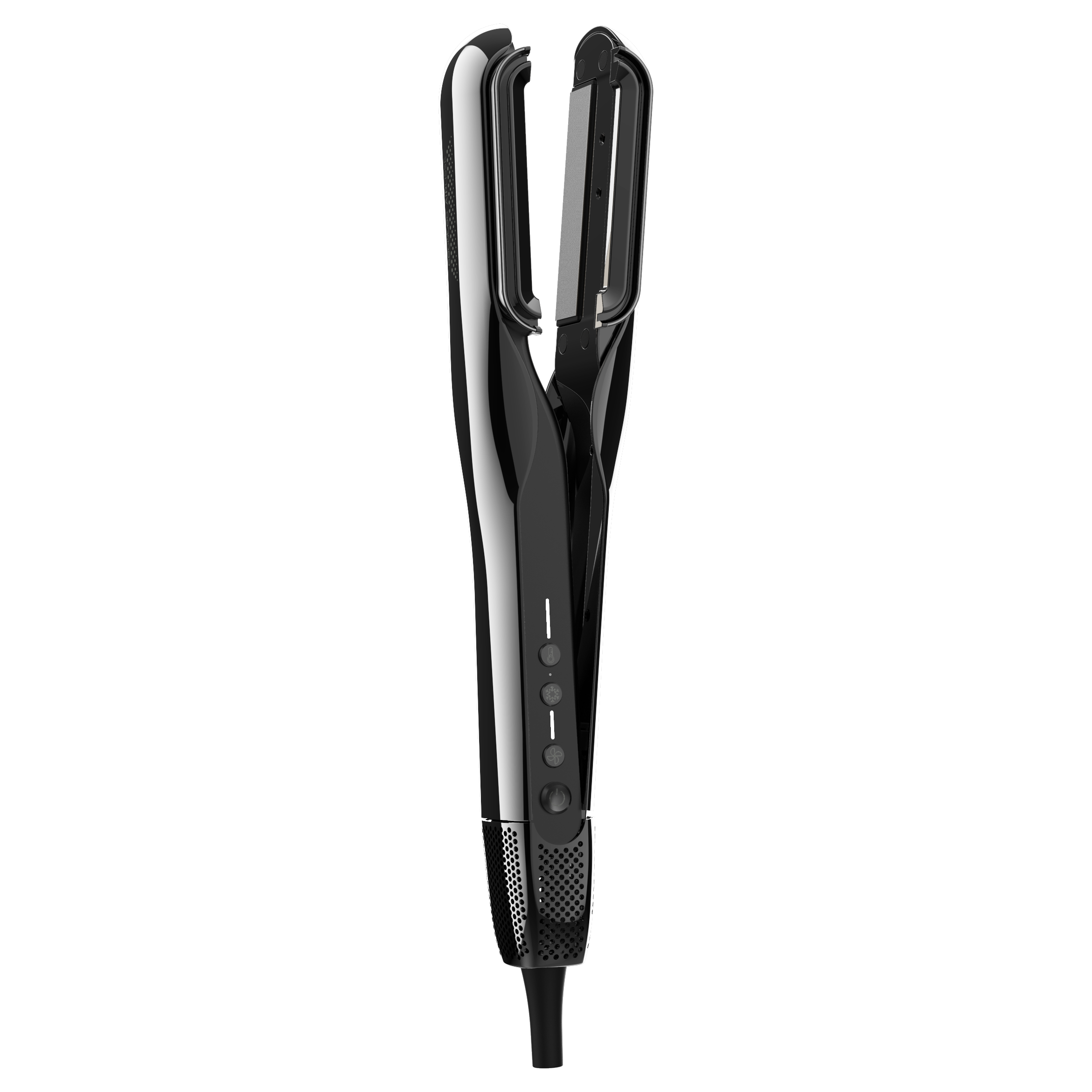 Una plancha de pelo negra, con un diseño elegante. Tiene placas para alisar el cabello y botones de control.