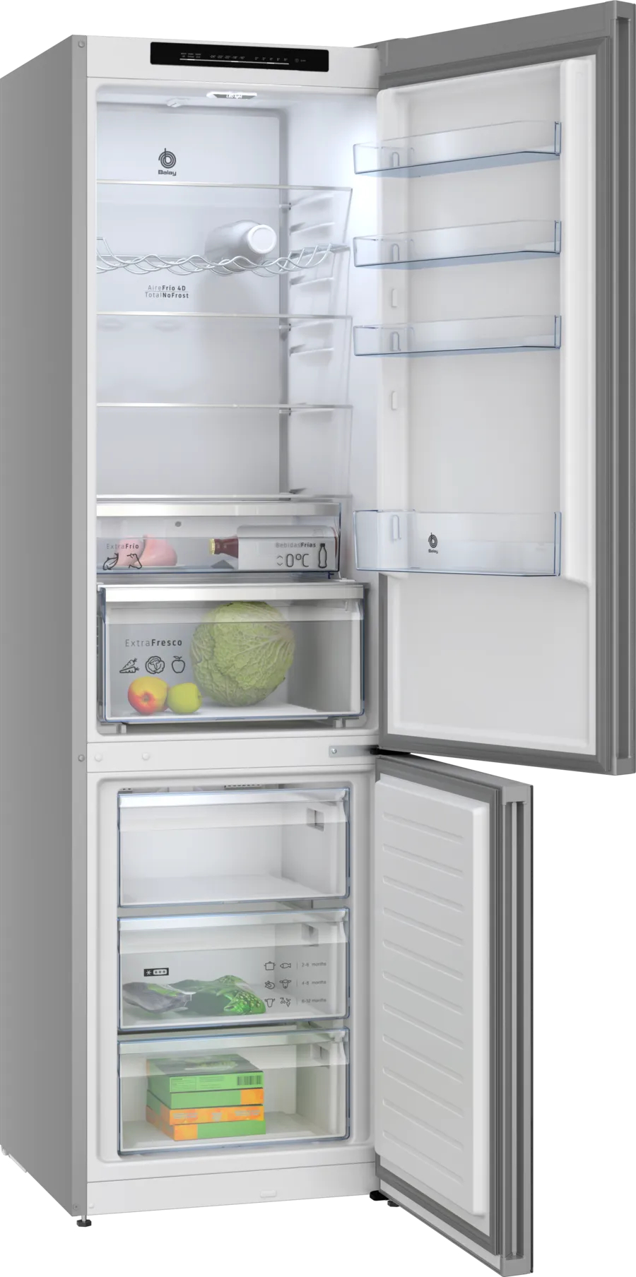 Refrigerador abierto mostrando estantes, cajones y contenido como frutas, verduras y bebidas. La puerta del congelador también está abierta.