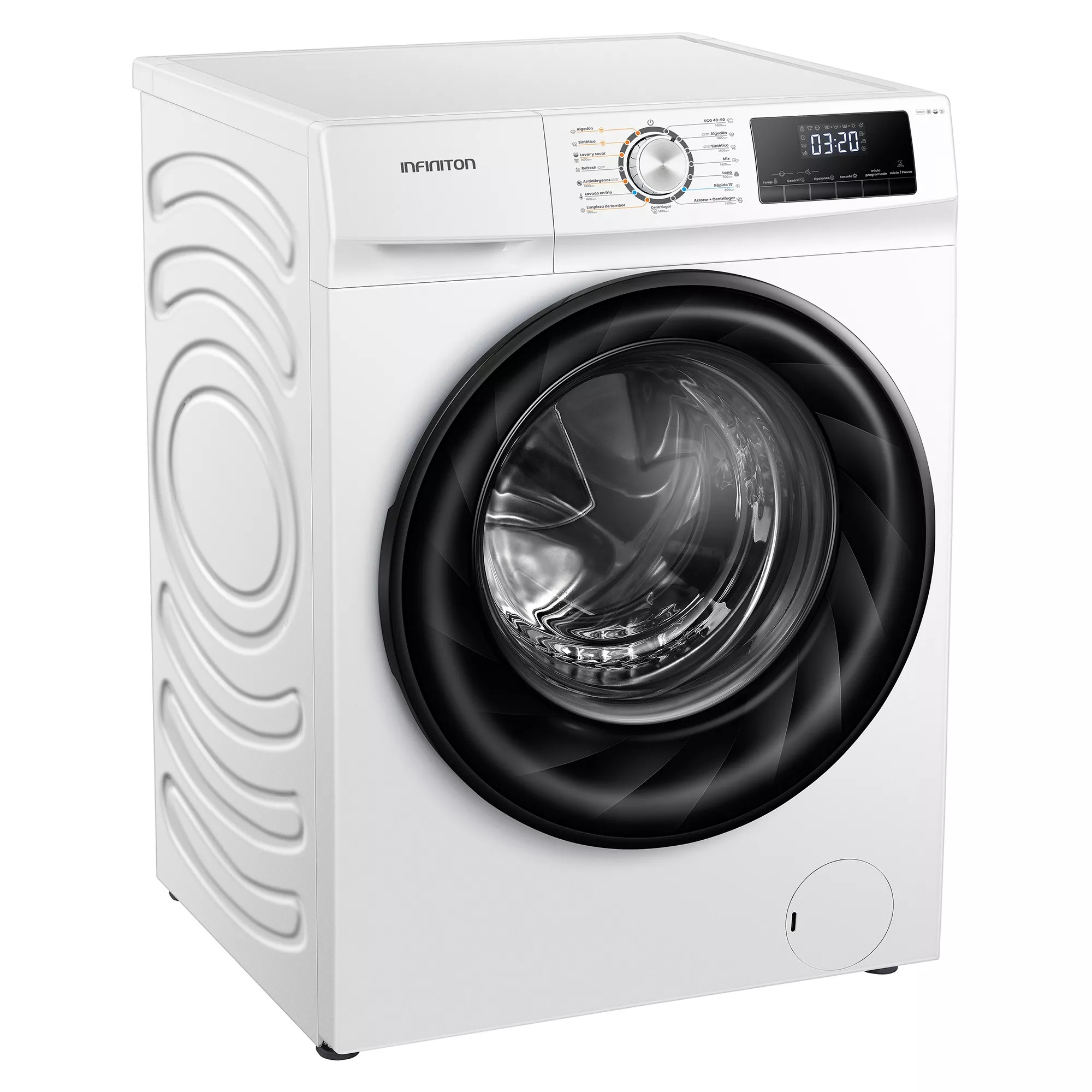 Una lavadora blanca con puerta negra. Tiene un panel de control superior con pantalla digital y botones.