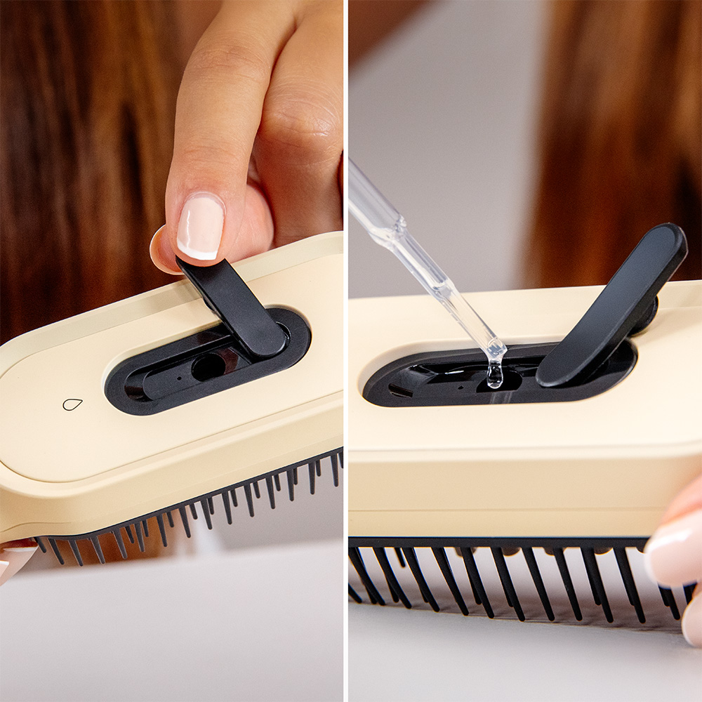 Primer plano de un cepillo para el cabello que se llena de líquido. Una mano levanta una palanca negra. Un gotero dispensa líquido.
