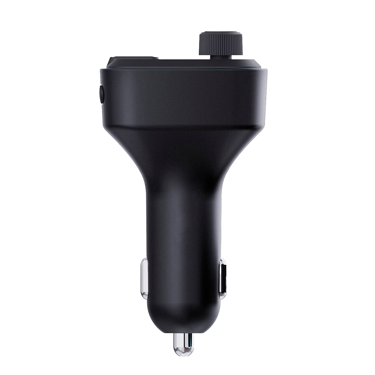 Un adaptador de cargador de coche negro sobre fondo blanco. Tiene una perilla arriba y un puerto USB abajo.