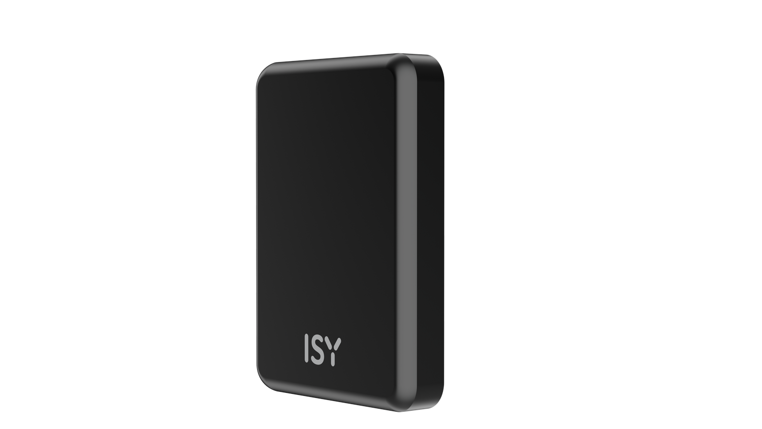 Un dispositivo rectangular negro con bordes redondeados, las letras 'ISY' están impresas en la parte inferior izquierda. Fondo gris.