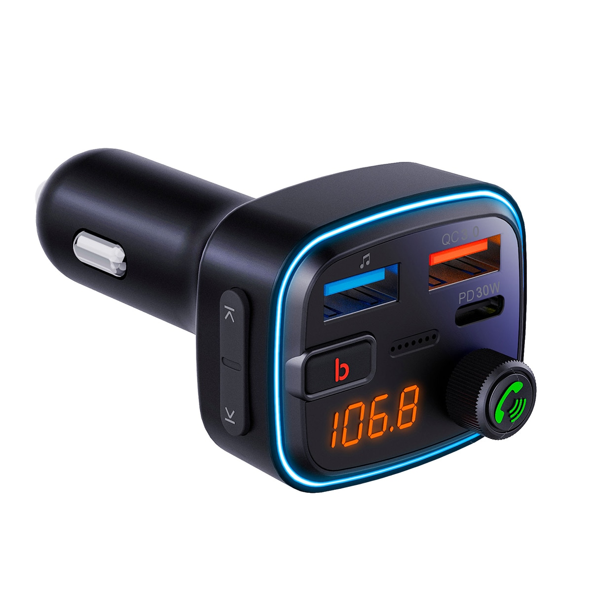 Cargador de coche negro con pantalla digital que muestra 106.8. Tiene puertos USB y un botón de llamada.