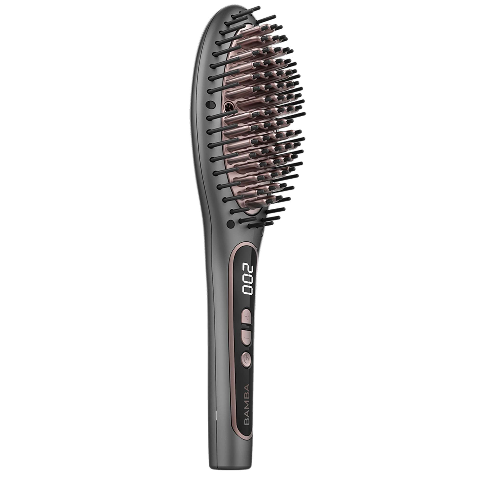 Un cepillo alisador de pelo gris con detalles en oro rosa. Tiene una pantalla digital y la marca 'BAMBA'.