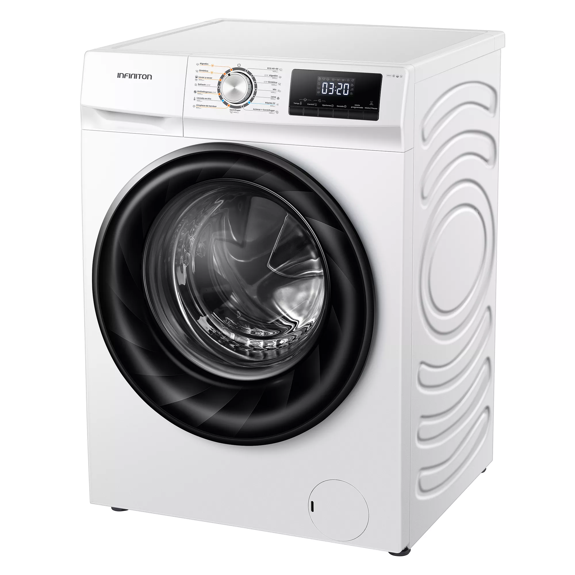Una lavadora blanca con puerta negra. La pantalla muestra 03:20. La marca es INFINITON.
