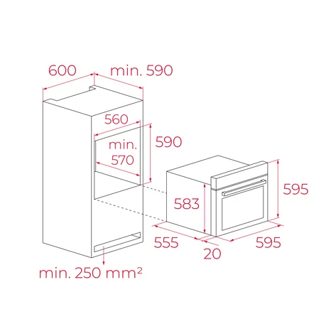 Diagrama de un horno y un armario, con dimensiones en milímetros. El horno está a la derecha y el armario a la izquierda.