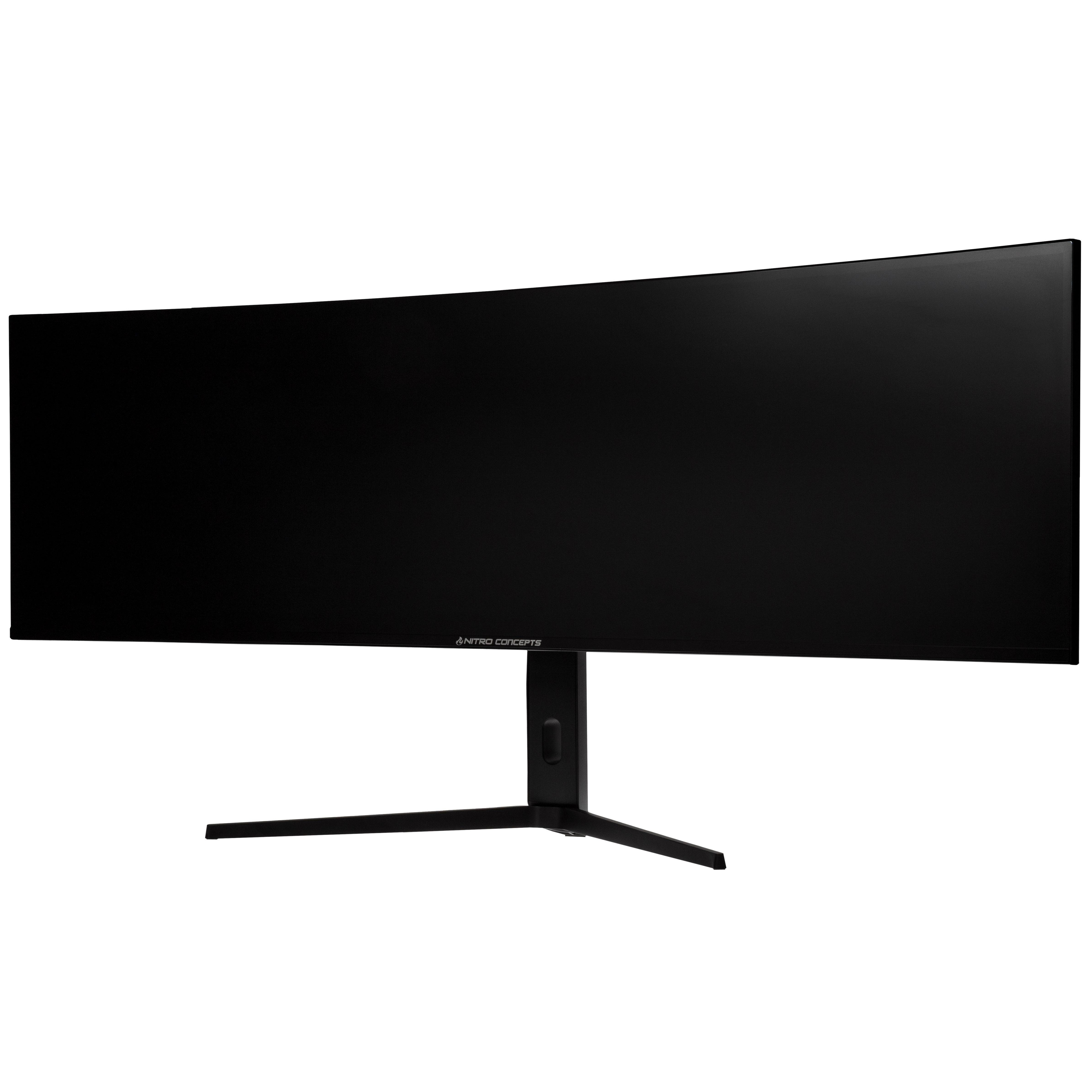 Ein schwarzer, gebogener Ultra-Wide-Monitor mit Ständer. Der Markenname ist unten sichtbar.