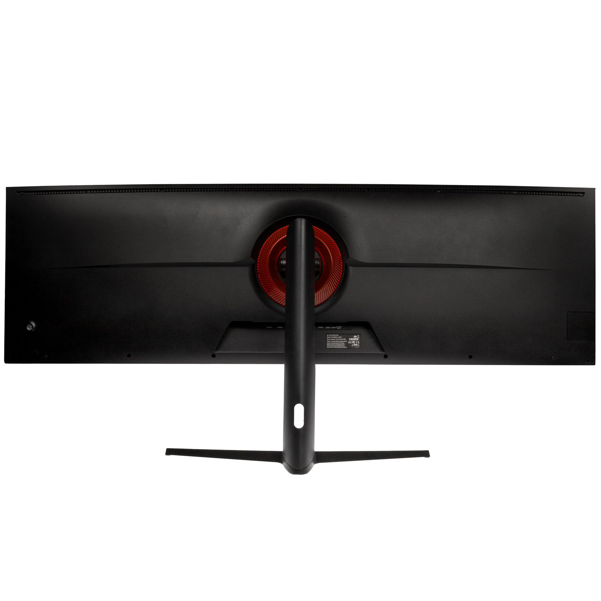 Die Rückseite eines schwarzen Gaming-Monitors mit roter Akzentuierung, Ständer und weißem Hintergrund.