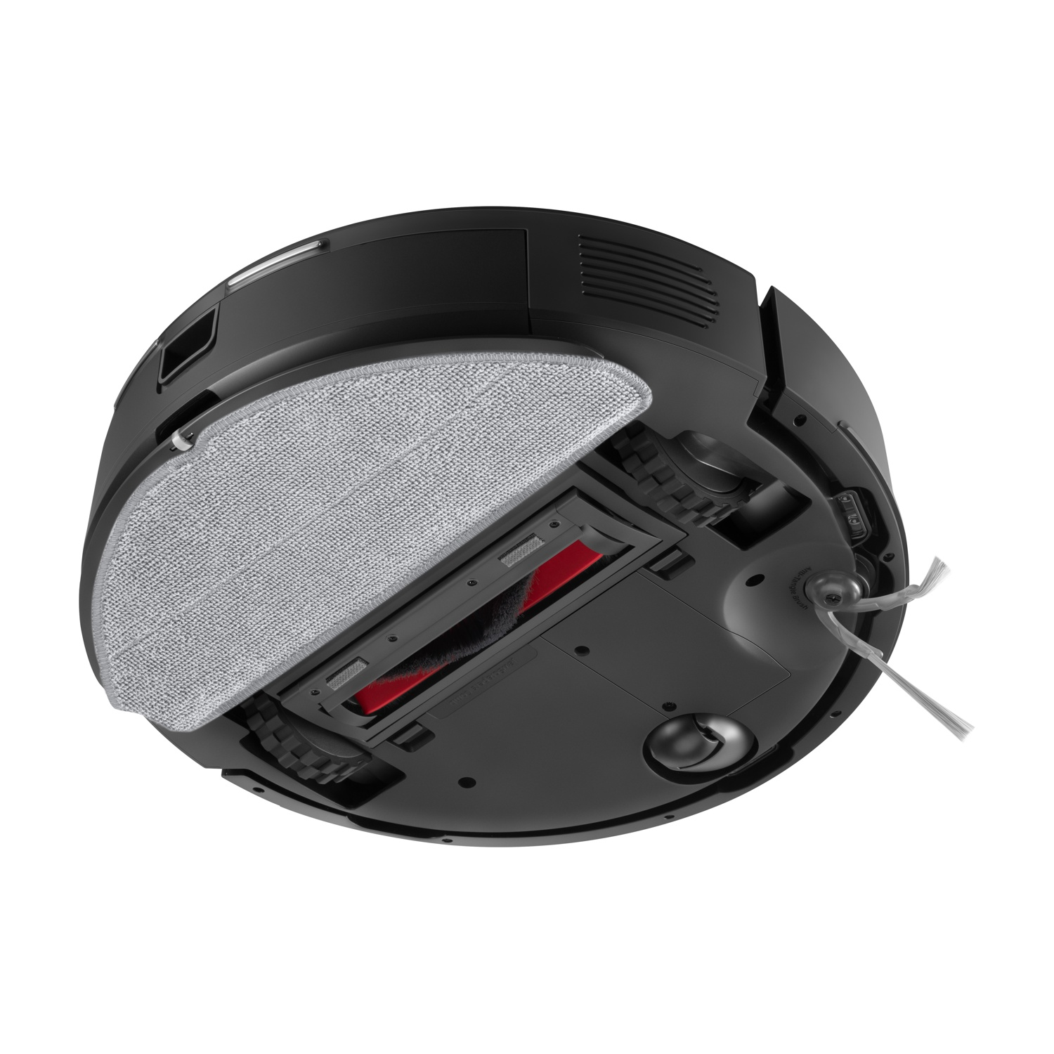 Un aspirapolvere robotico nero. È visibile il fondo, che mostra una spazzola e un panno per la pulizia. Sono presenti i colori grigio, rosso e nero.