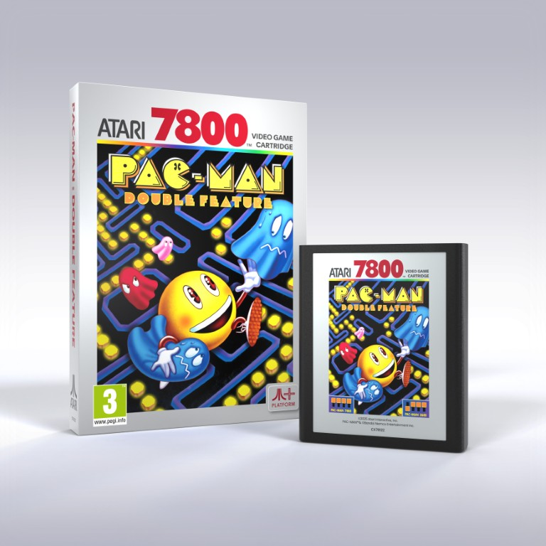 Pudełko i kartridż gry Pac-Man Double Feature, Atari 7800. Pudełko pokazuje Pac-Mana i duchy. Kartridż ma okładkę gry.