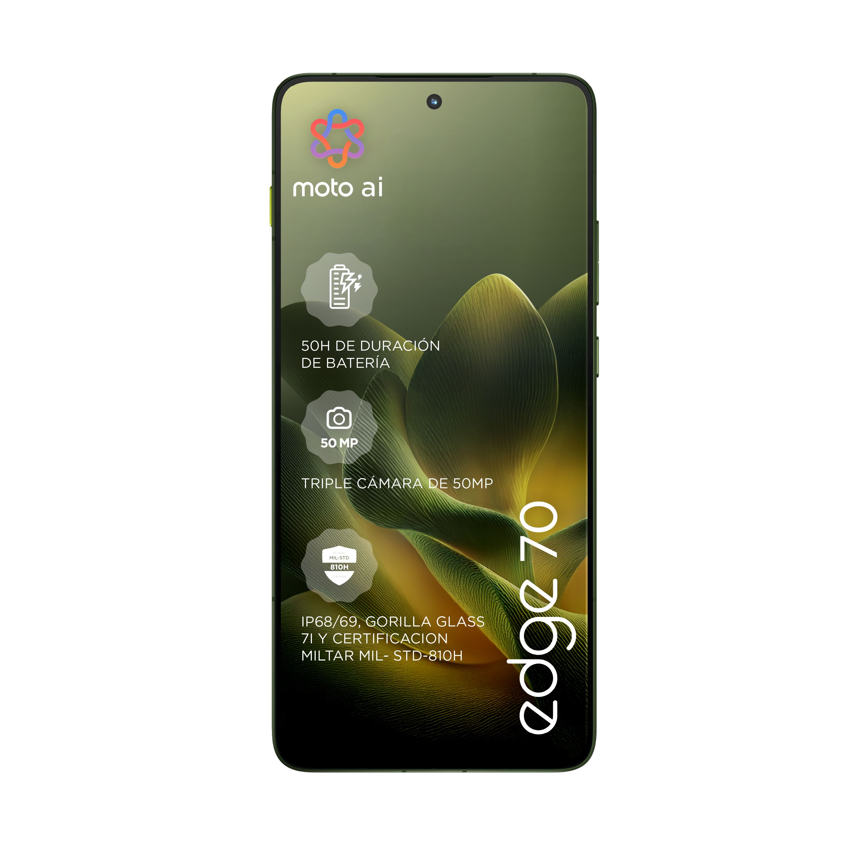 Smartphone con marco negro. Pantalla muestra información, incluido el logo 'edge 70'.