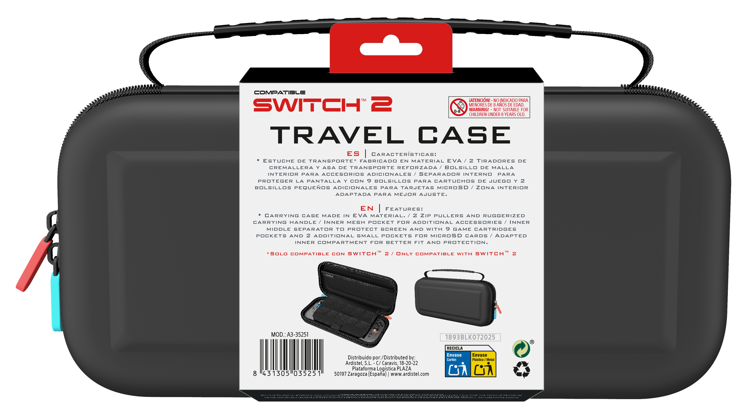Funda de viaje negra Switch 2 con asa roja y texto. La funda es negra y tiene un asa.
