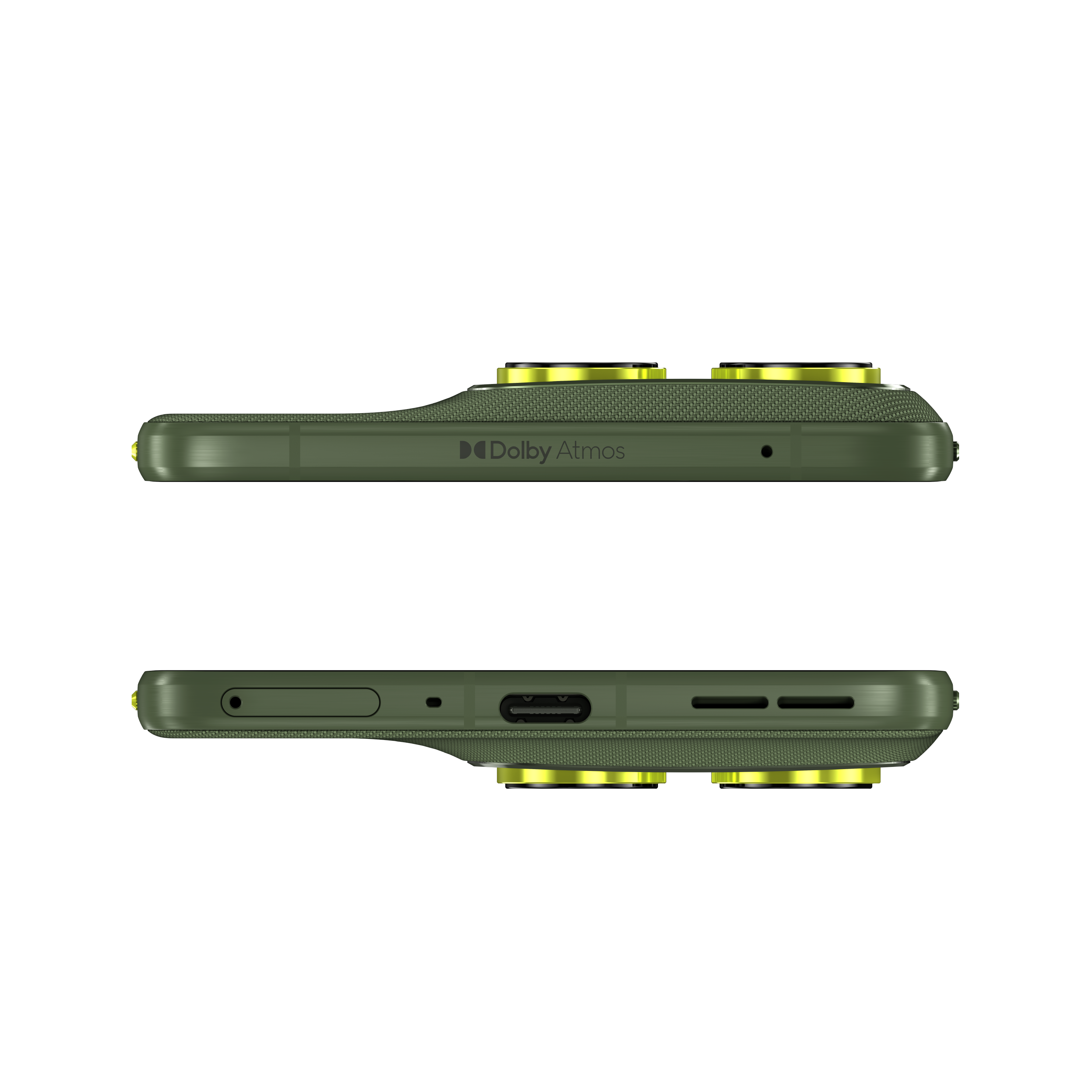 Dos vistas de un smartphone verde. Cuenta con anillos de cámara amarillos, logotipo Dolby Atmos y varios puertos. Fondo blanco.